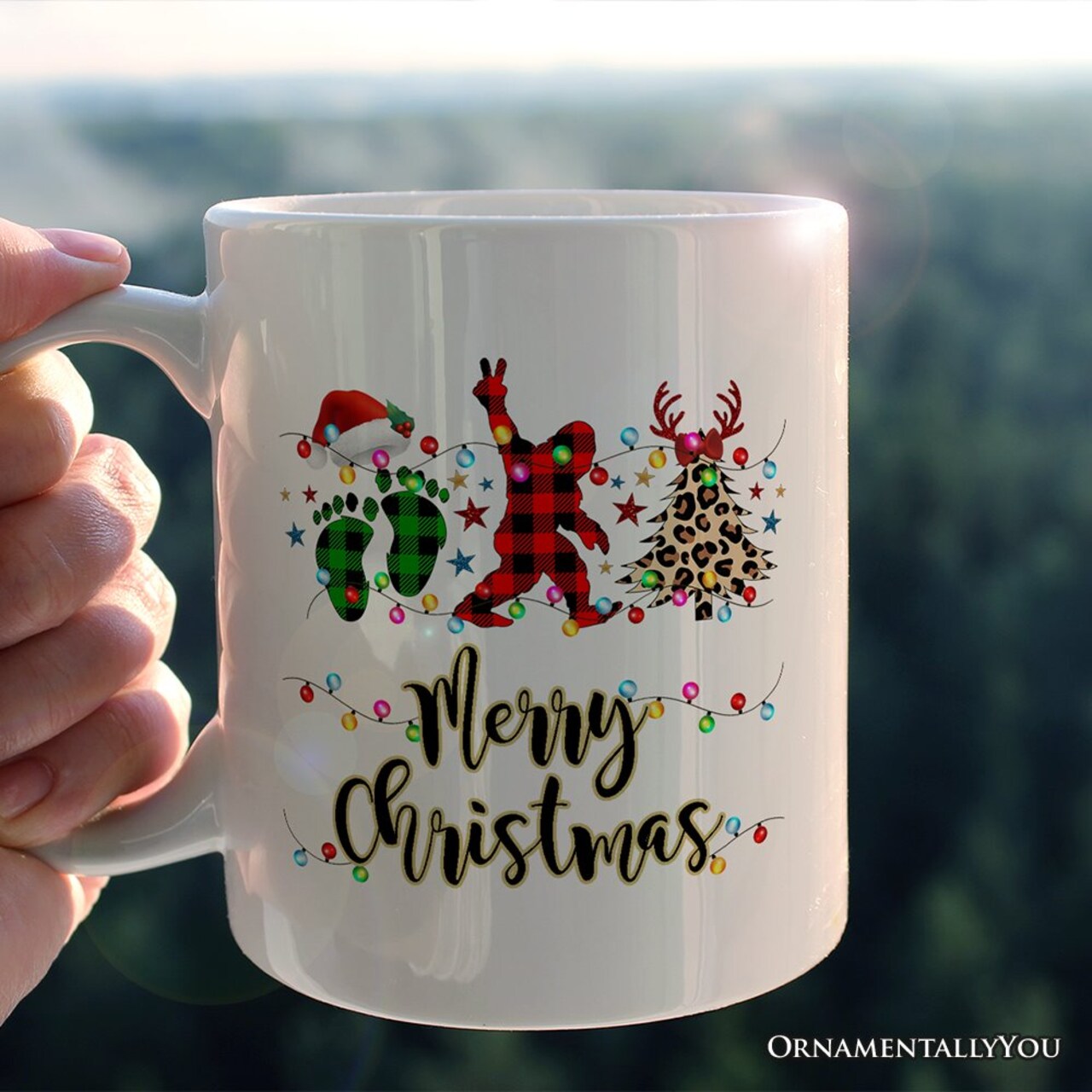 Bigfoot Buffalo Plaid Christmas Mug, Sasquatch Holiday Decoration